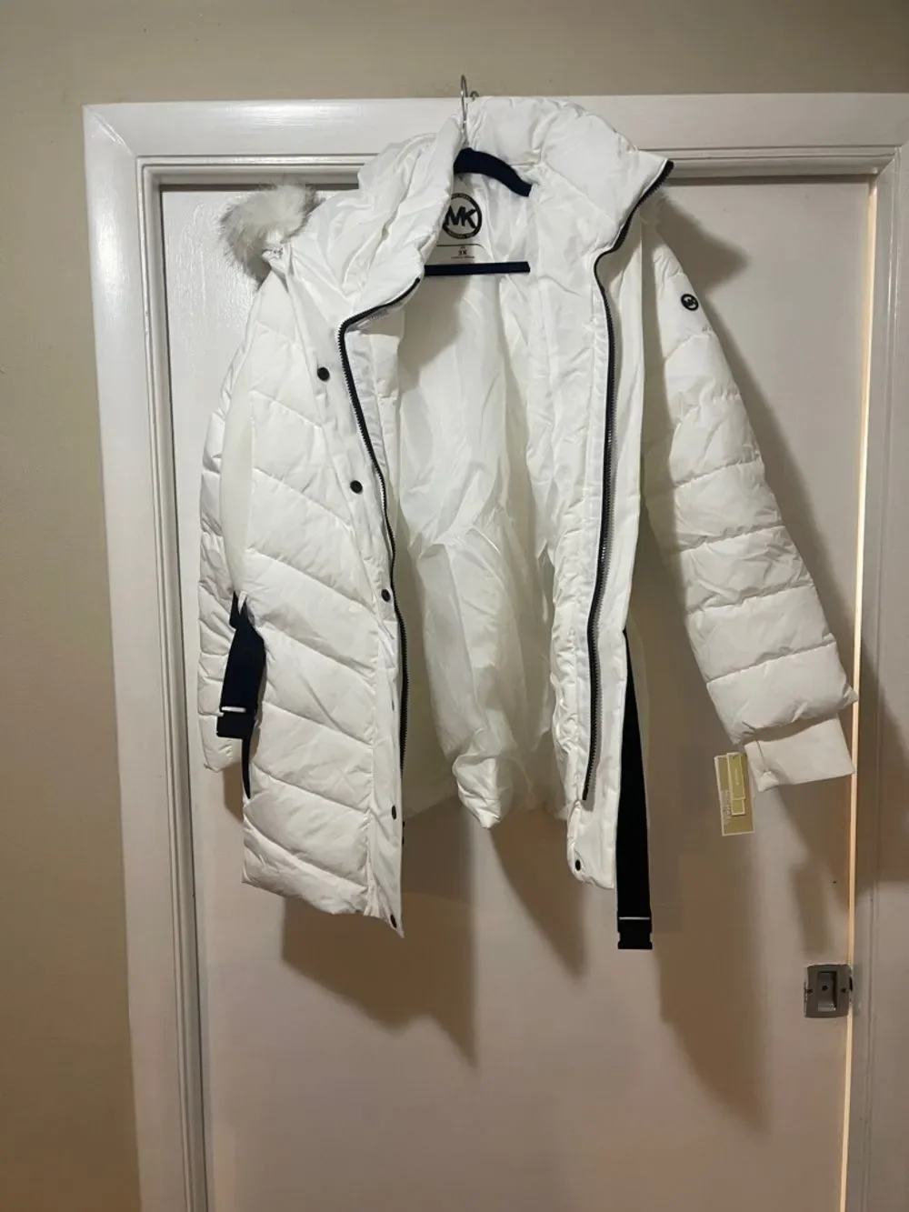 Michael Kors White Quilted Puffer Coat with Black Trim NEW